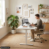 Electronic height-adjustable desk Worktime in white with monitor and laptop by hjh OFFICE (AI-generated image)
