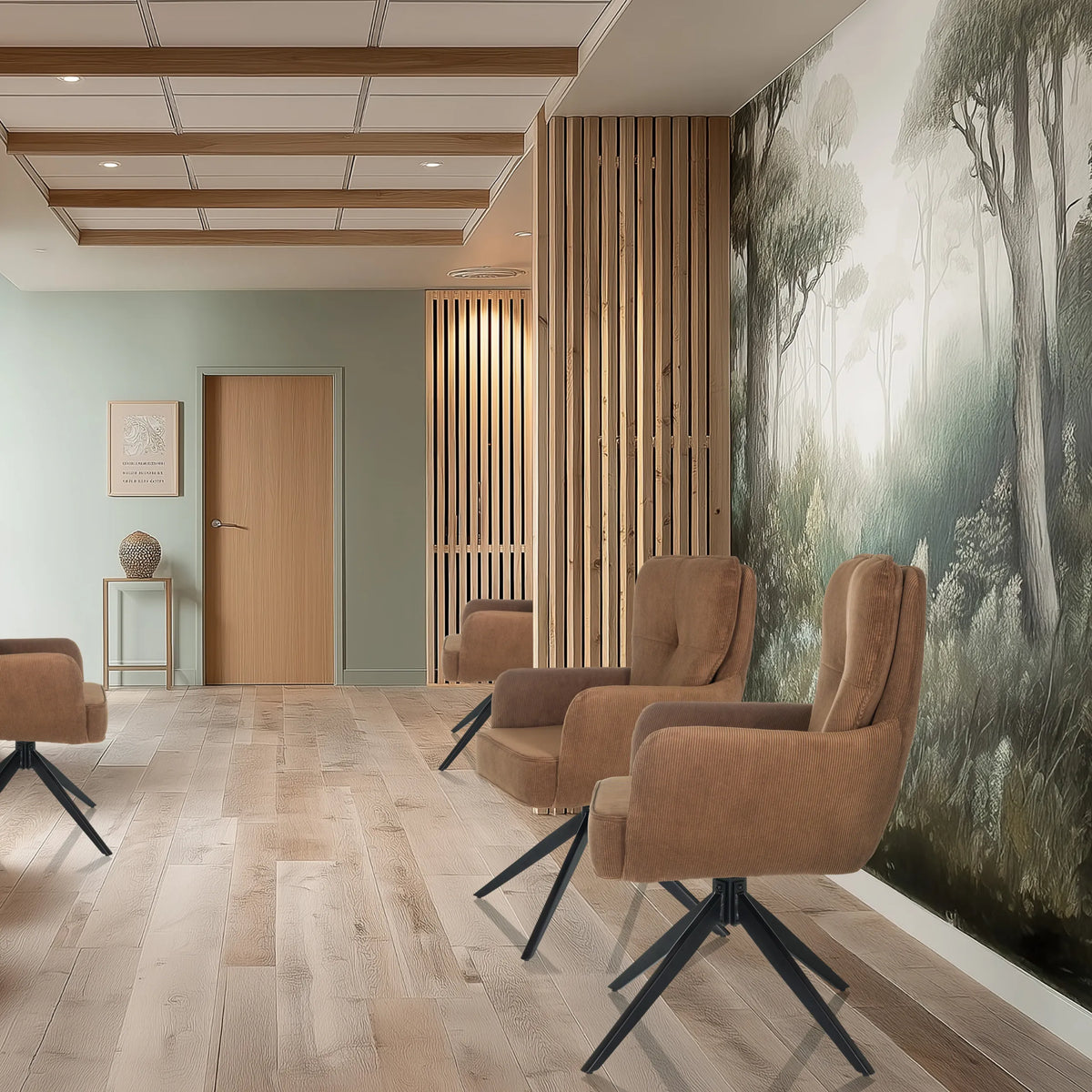 Brown upholstered chairs TARUGO with black star bases in a modern room by hjh LIVING
