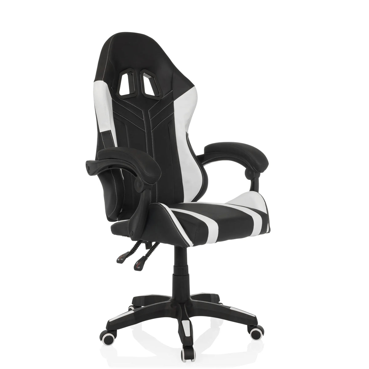 Black and white Gaming chair GAMEBREAKER W02 with a five-caster base by MyBuero – 360-degree view (front three-quarter view 45°)