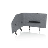 Grey Table partition FLEXMIUT T TOP with integrated shelf and mounting clamps by hjh OFFICE – 360-degree view (front view 15°)