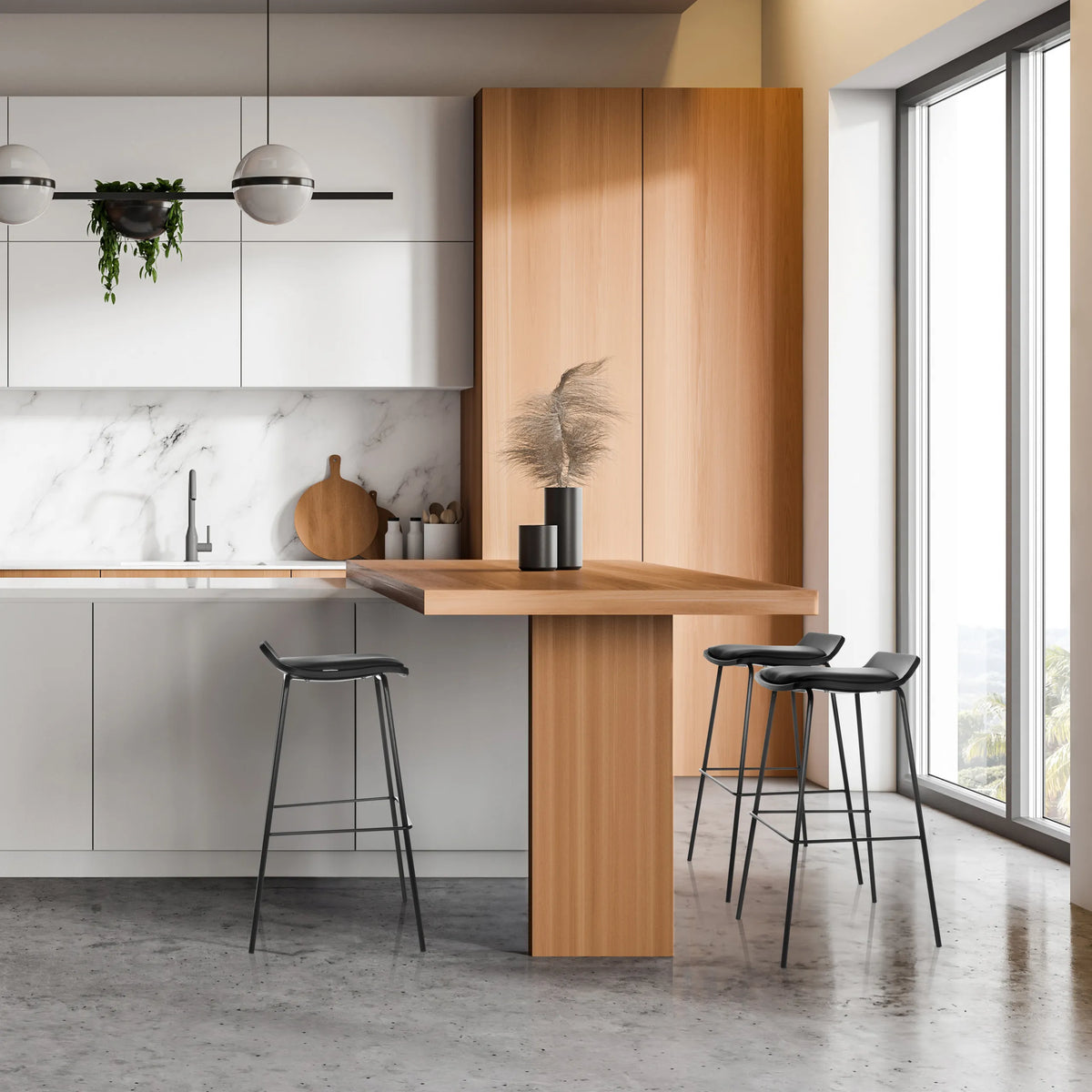 Three black LONSO 10 bar stools at a wooden kitchen counter in a modern kitchen by hjh OFFICE