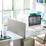Light grey heather table partition FLEXMIUT D 120 with 120 cm width on a white desk by hjh OFFICE