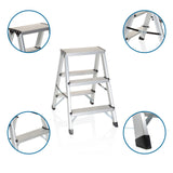 Aluminium Folding Ladder SOLID with three steps and detailed views of the joints and non-slip feet by hjh OFFICE