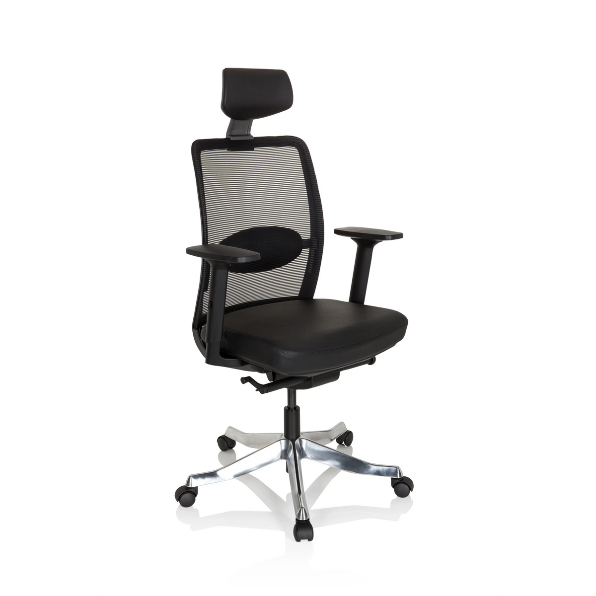 Black Luxury Executive Chair SENATOR PRO with mesh back, headrest and five-caster base by hjh OFFICE – 360-degree view (front three-quarter view 40°)