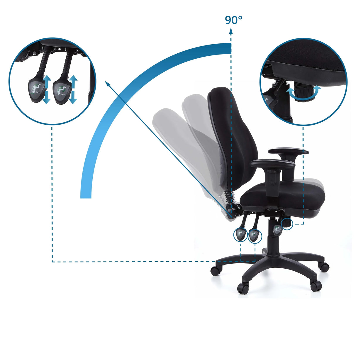 Adjustment mechanisms and 90 degree tilt of the Professional Office Chair ZENIT PRO by hjh OFFICE