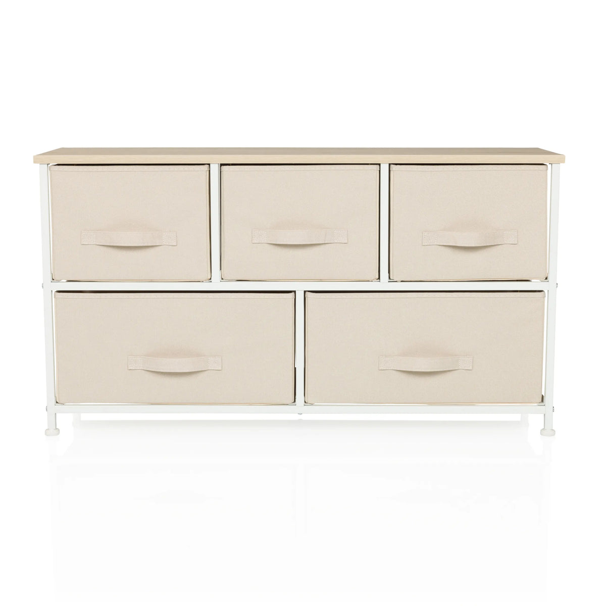 Beige Kommode FOLDAR mit fünf Stoffschubladen und weißem Gestell von hjh LIVING – 360-Grad-Ansicht (Frontansicht 0°)