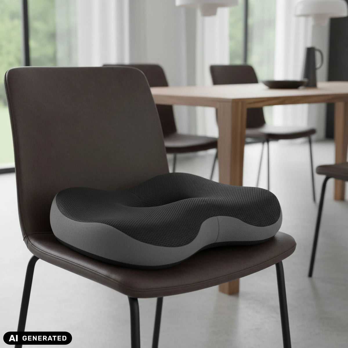Black MEDISIT VI seat cushion on a brown chair by hjh OFFICE (AI-generated image)