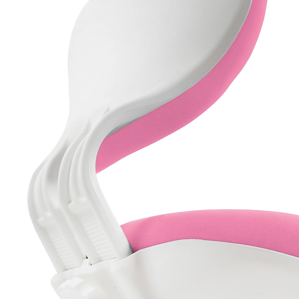 Side detail view of the white plastic shell and pink padding of the KID VIVO children's swivel chair by hjh OFFICE