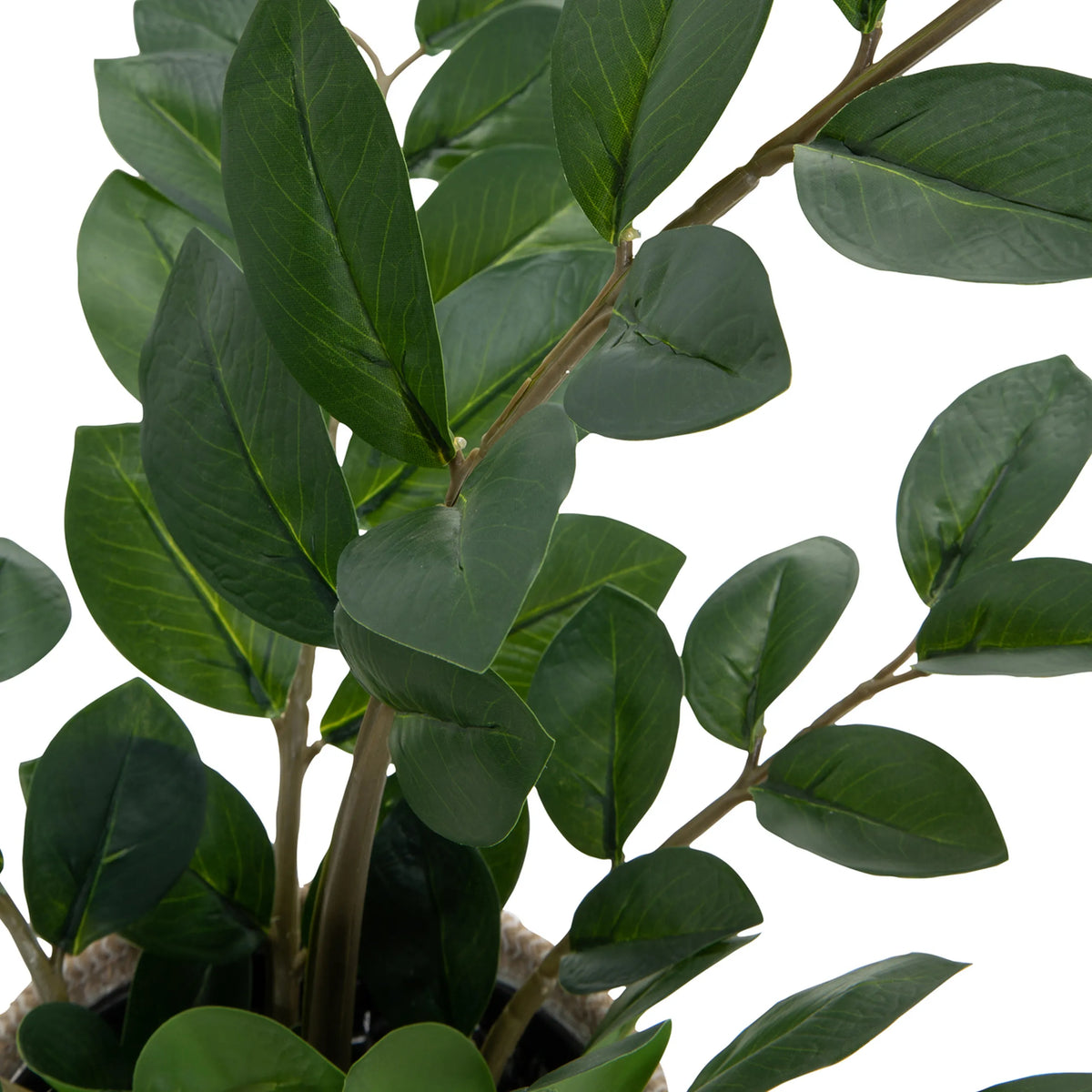 Green leaves of the ZAMIE artificial plant with brown stems in a basket by hjh OFFICE