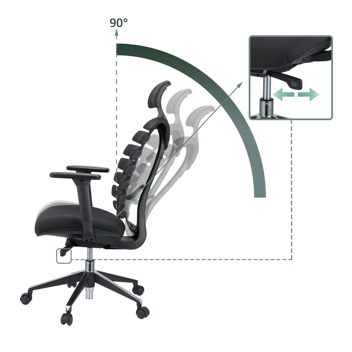 Adjustable backrest and gas spring of the Professional Office Chair ERGO LINE II PRO with a 90° tilt angle by hjh OFFICE