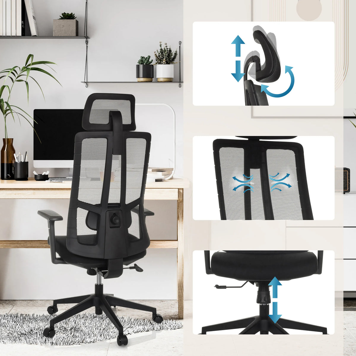 Adjustable headrest, breathable backrest and height adjustment of the Professional Office Chair TRAMORE by hjh OFFICE