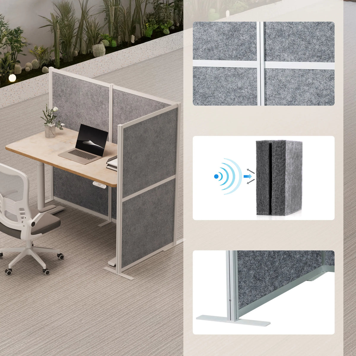 Grey Flexmiut Modul L partition walls with sound-absorbing surface and white frame by hjh OFFICE