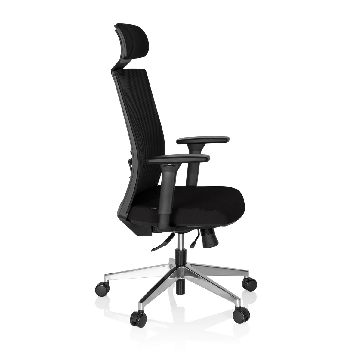 Black Professional Executive Chair CAPTIVA with mesh back, headrest and five-caster base by hjh OFFICE – 360-degree view (side profile 80°)