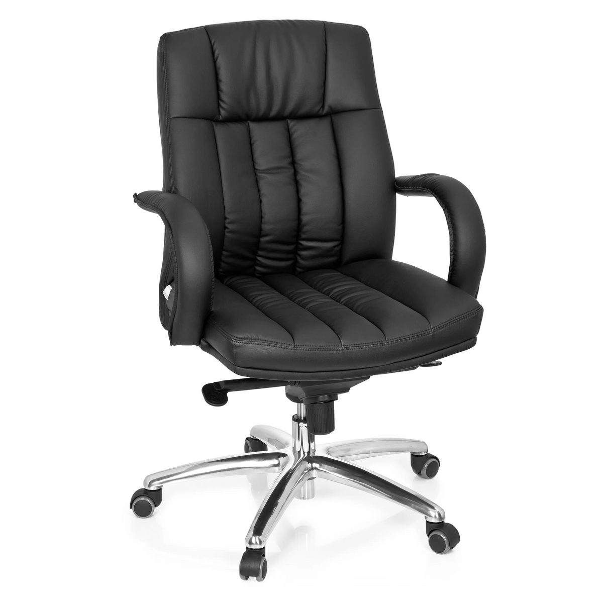 Black Swivel Chair XXL G 100 with quilted upholstery and five-caster base by hjh OFFICE – 360-degree view (front view 20°)