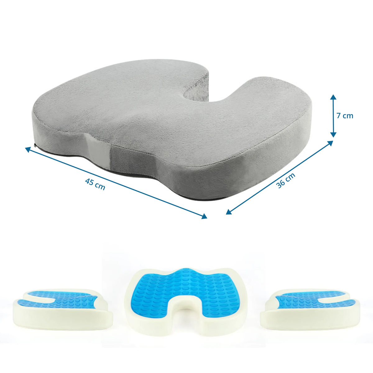 Dimensional view of the Seat Cushion MEDISIT VIII with 45 × 36 cm and a height of 7 cm by hjh OFFICE