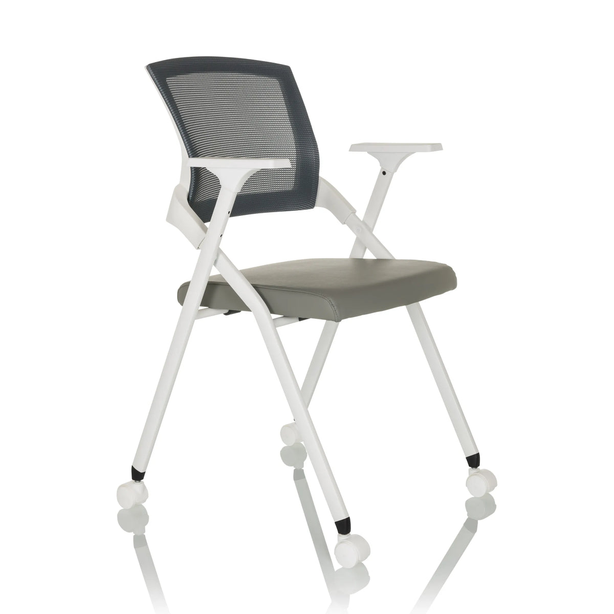 Grey Folding chair PRIORITY II W PU with mesh back, armrests and castors by hjh OFFICE – 360-degree view (front three-quarter view 45°)