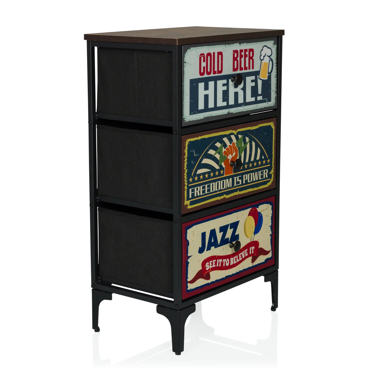 Chest of drawers AMERIKO S with three patterned drawers in vintage look and black frame by hjh LIVING – 360-degree view (front three-quarter view 45°)
