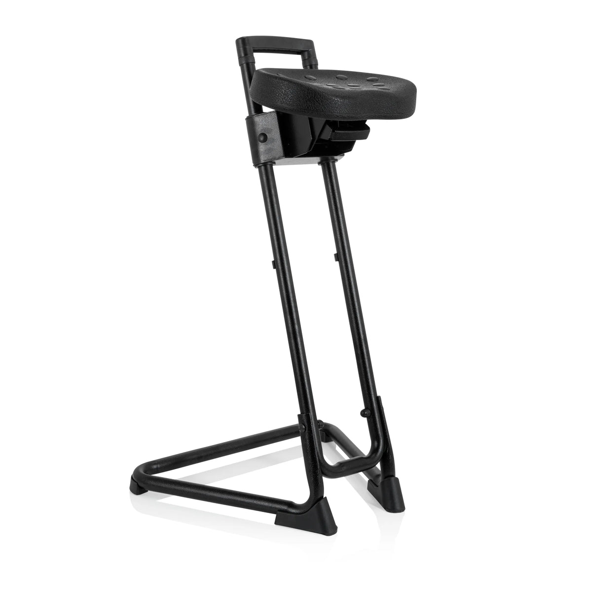 Black standing aid TOP WORK 32 with padded seat and U-shaped base by hjh OFFICE – 360-degree view (front three-quarter view 40°)