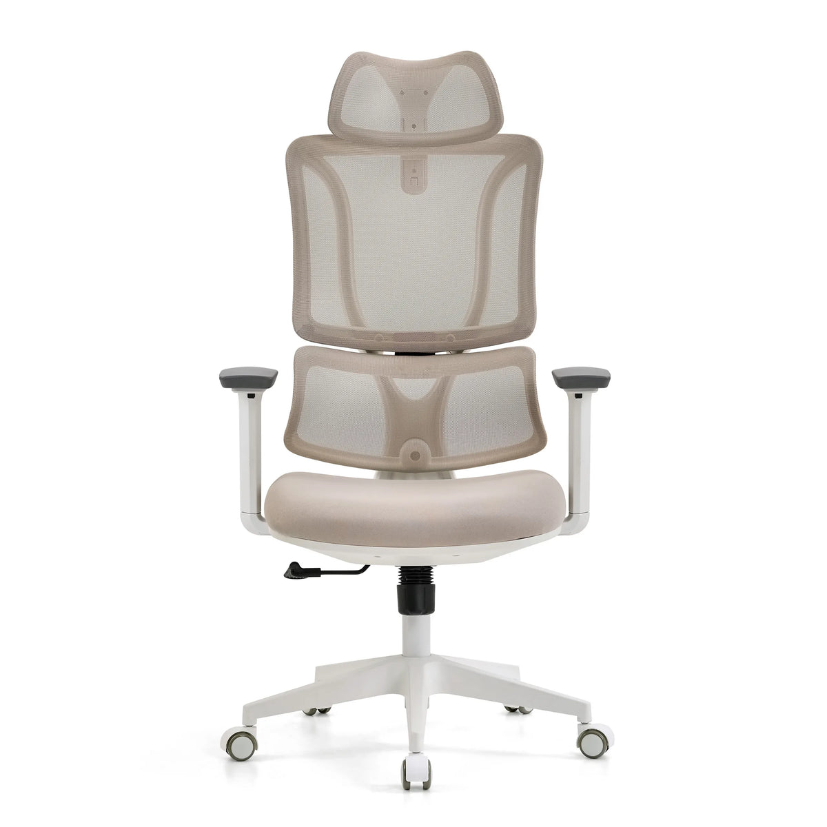 Beige Professional Office Chair ERGOMY W with mesh back and white five-caster base by MyBuero – 360-degree view (front view 0°)