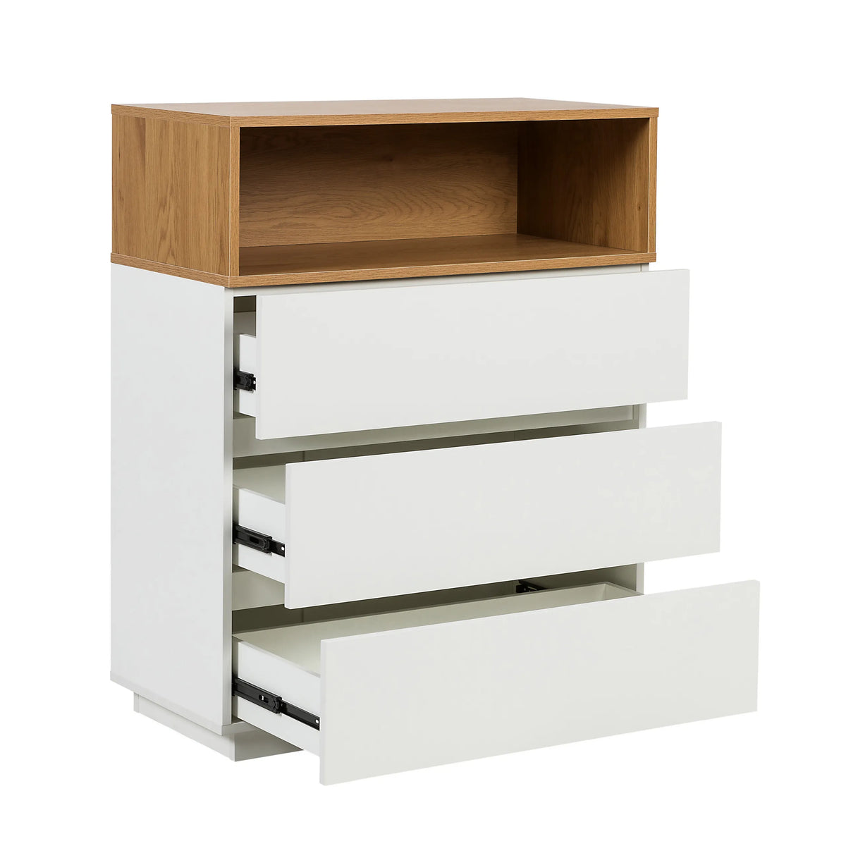 Chest of drawers MELMO K in white and oak with three partially open drawers by hjh LIVING