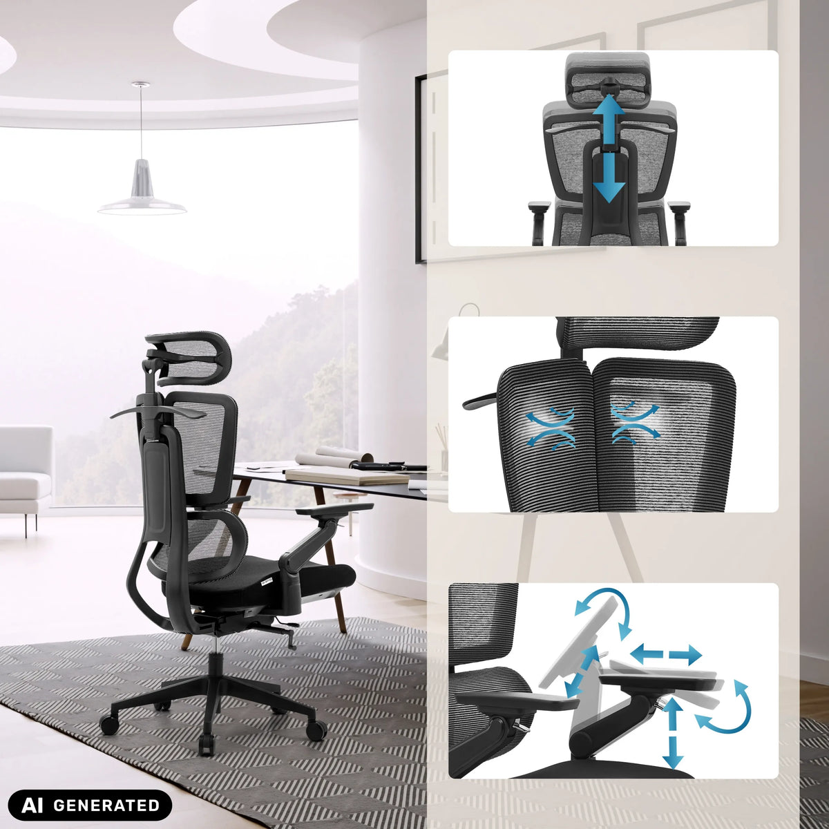 Adjustable headrest, backrest and armrests of the Professional Office Chair Ergo U2 Flex3 by hjh OFFICE (AI-generated image)