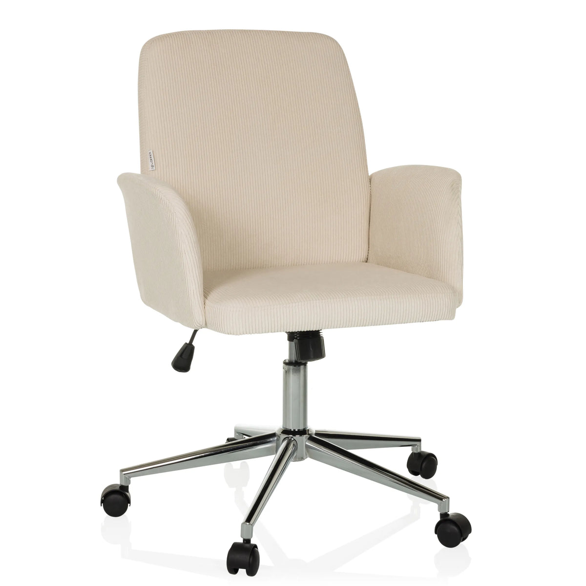 Beige Home Office Chair SOLAO CORD with ribbed upholstery and five-caster base by hjh OFFICE – 360-degree view (front view 15°)