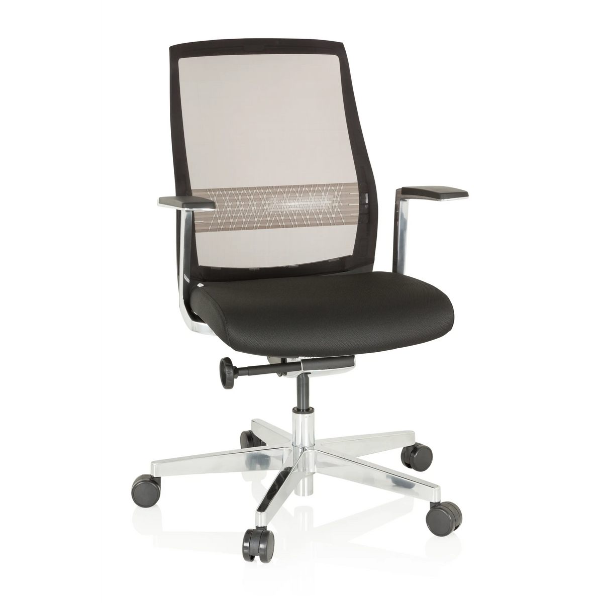 Black High End Office Chair FOUNTAINE PRO with mesh back and five-caster base by hjh OFFICE – 360-degree view (front view 20°)