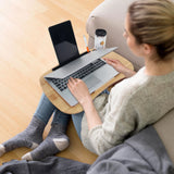 Brown wooden Laptop Pad COMFILAP I by hjh OFFICE with a laptop in use