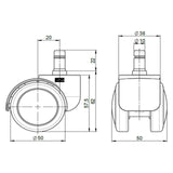 Technical drawing of the 5x ROLO FREE 10mm/50mm castors with a wheel diameter of 50 mm by hjh OFFICE