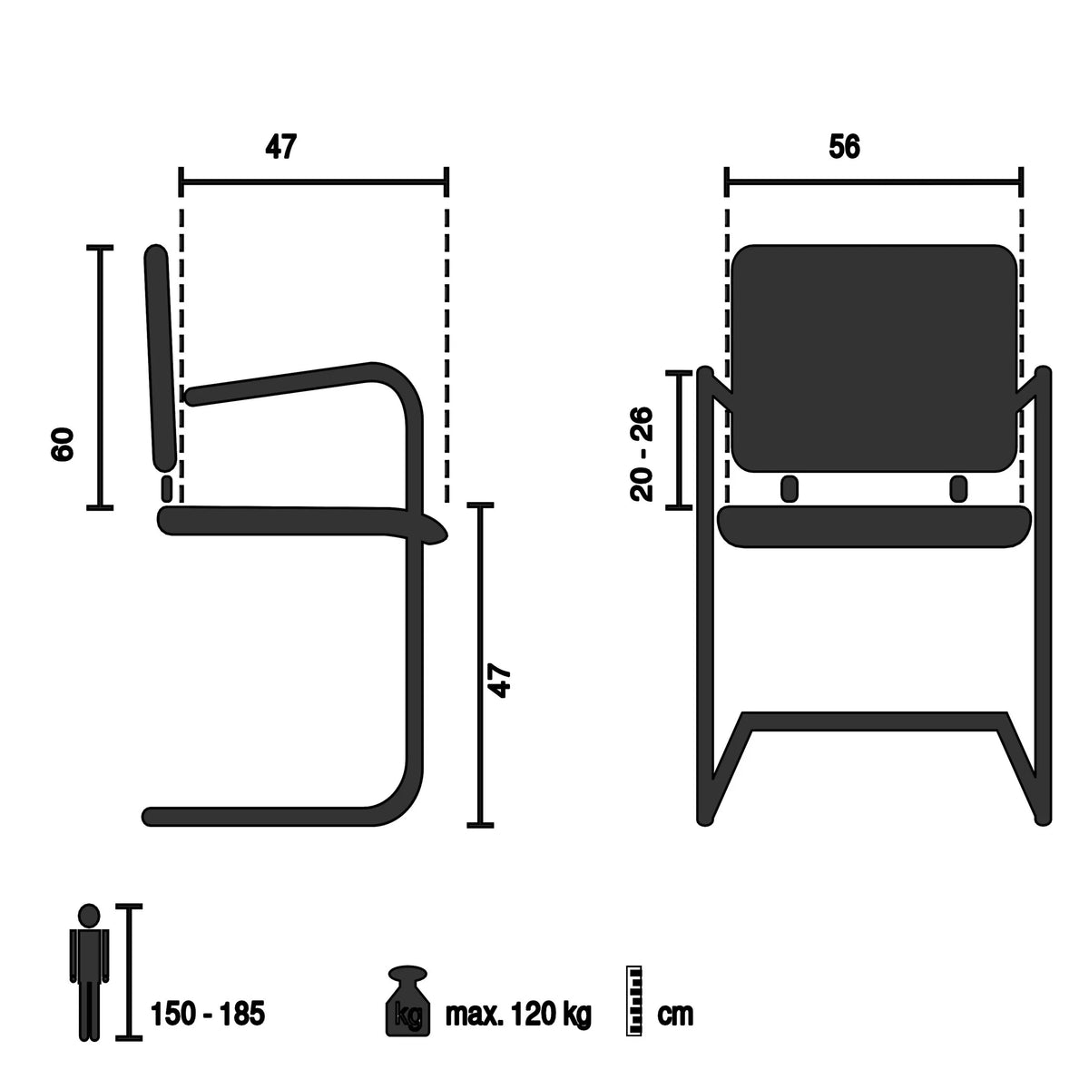 Technical drawing of the Cantilever chair CAPTIVO PRO V with a width of 56 cm by hjh OFFICE