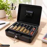 Black SAFE cash box with coin compartments, lock and two keys by hjh OFFICE (AI-generated image)