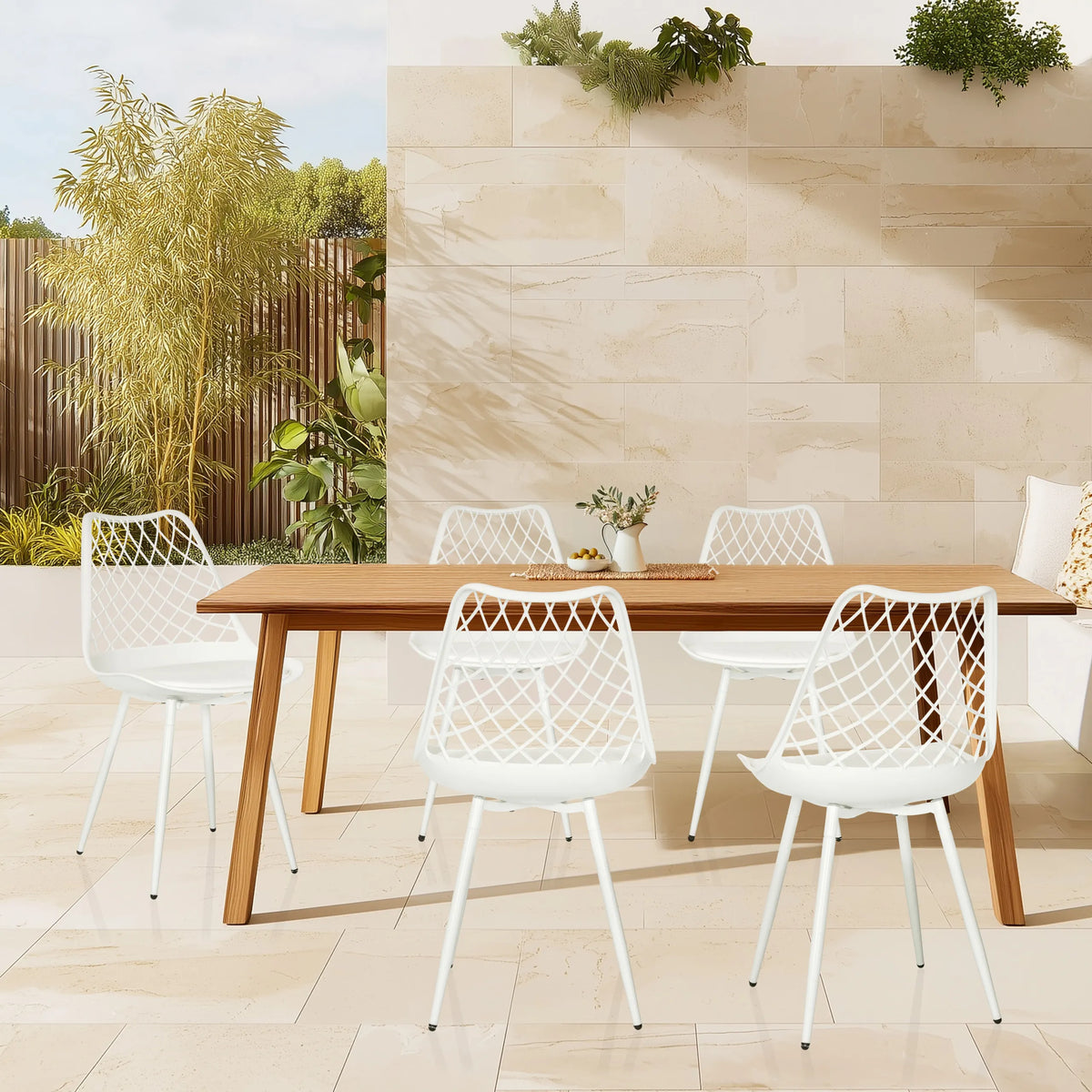 Four white Outdoor chairs BEGIO S with grid-like backrests at a wooden table by hjh LIVING