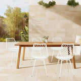 Four white Outdoor chairs BEGIO S with grid-like backrests at a wooden table by hjh LIVING