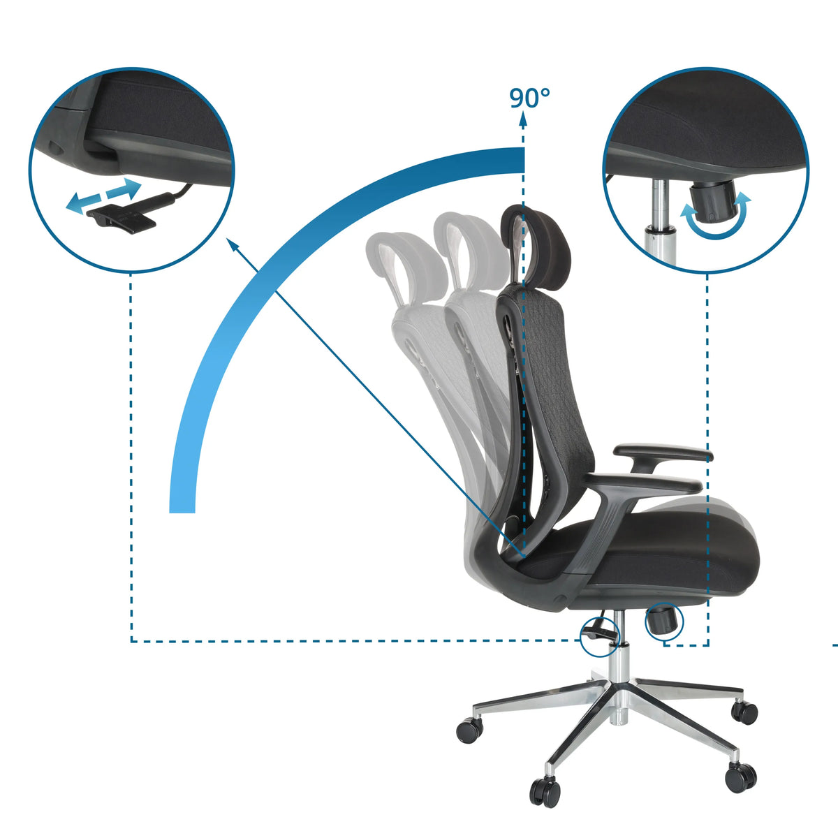 Adjustable backrest and seat height of the Professional Office Chair FALEO B with a 90° incline by hjh OFFICE