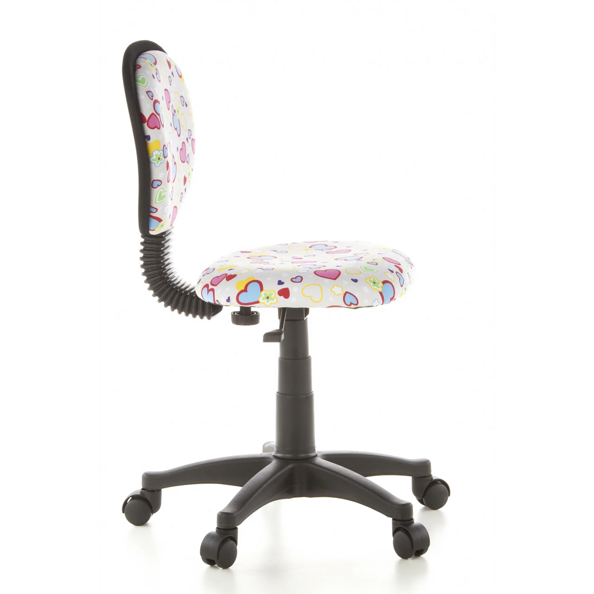 Swivel Chair – Children KIDDY TOP with colourful heart and flower pattern and five-caster base by hjh OFFICE – 360-degree view (side profile 80°)