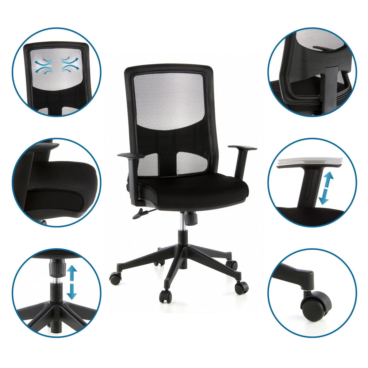 Professional Office Chair LAVITA in black with mesh backrest, adjustable armrests and castors by hjh OFFICE