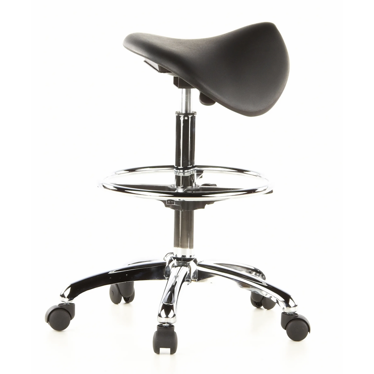 Black Saddle stool TOP WORK 13 with foot ring and five-caster base by hjh OFFICE – 360-degree view (side profile 100°)