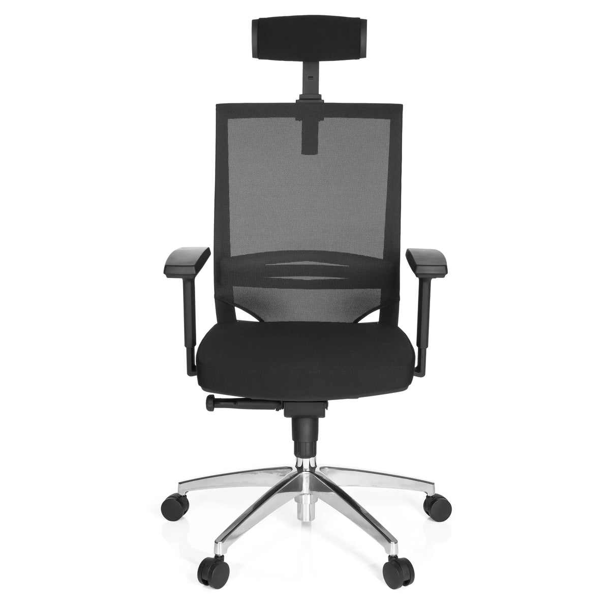 Black Professional Office Chair PORTO MAX HIGH with mesh back, headrest and silver five-caster base by hjh OFFICE – 360-degree view (front view 0°)