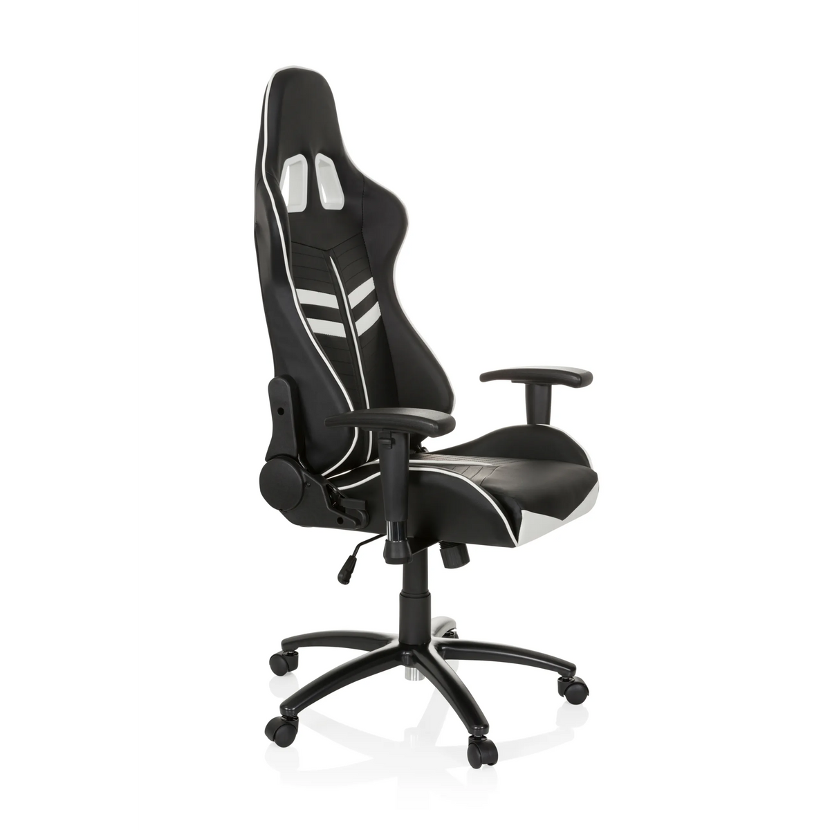 Black and white Gaming chair LEAGUE PRO with headrest and five-caster base by hjh OFFICE – 360-degree view (front three-quarter view 60°)