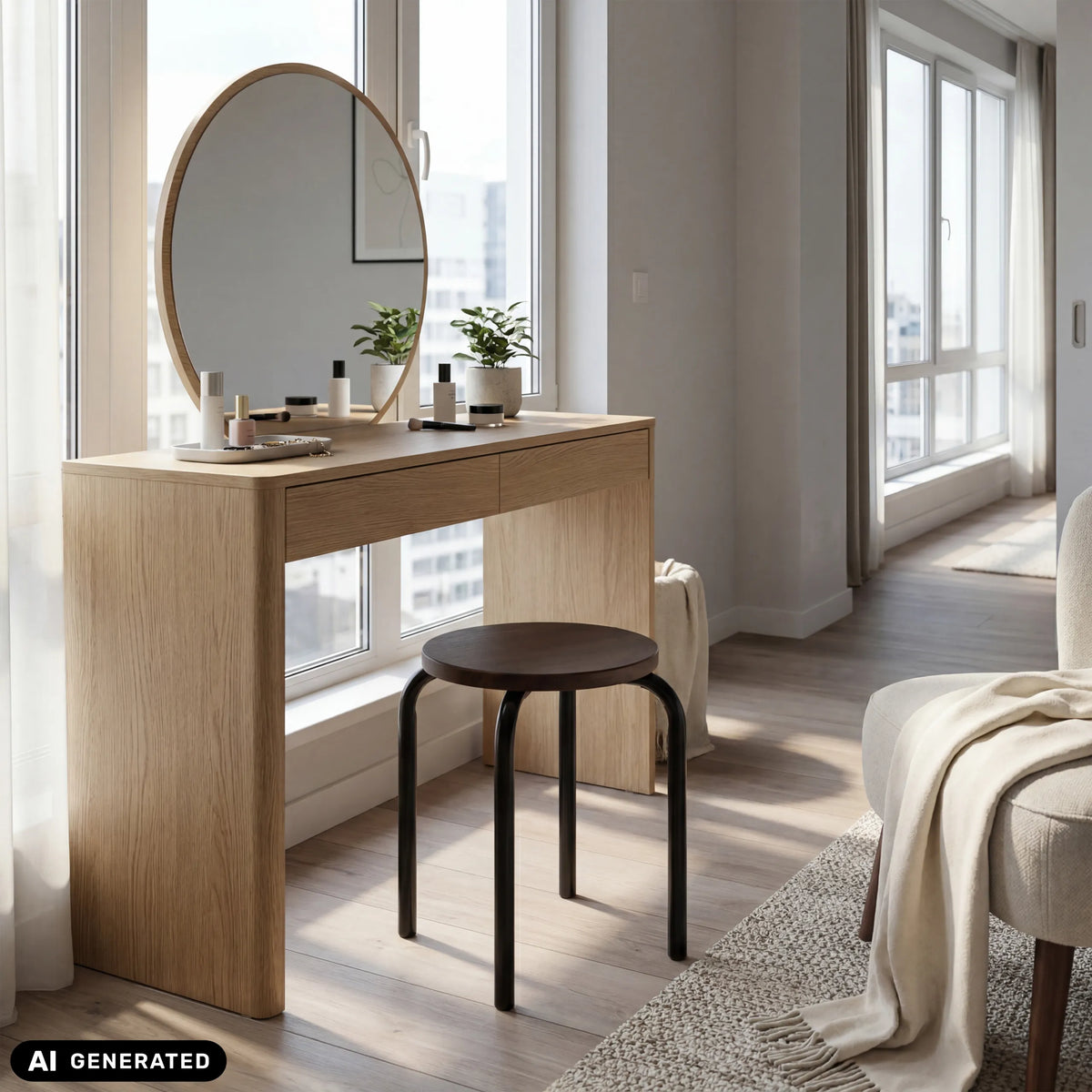 stool ALRANDA in black and walnut in front of a dressing table by hjh LIVING