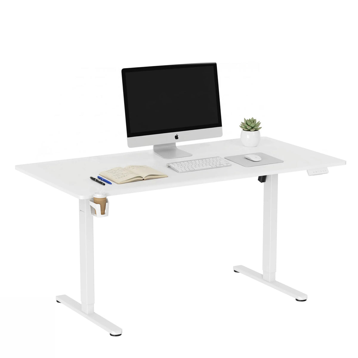 Electronic height-adjustable desk Worktime in white with monitor, keyboard and cup holder by hjh OFFICE
