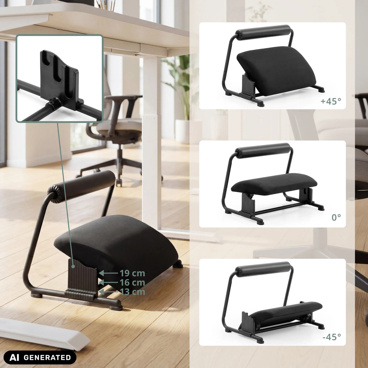 Height and tilt adjustment of the Podi Velvet footrest in three stages by hjh OFFICE (AI-generated image)
