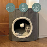 Grey PAWY R cat cave with white faux fur trim, integrated play ball and a cat inside by hjh LIVING