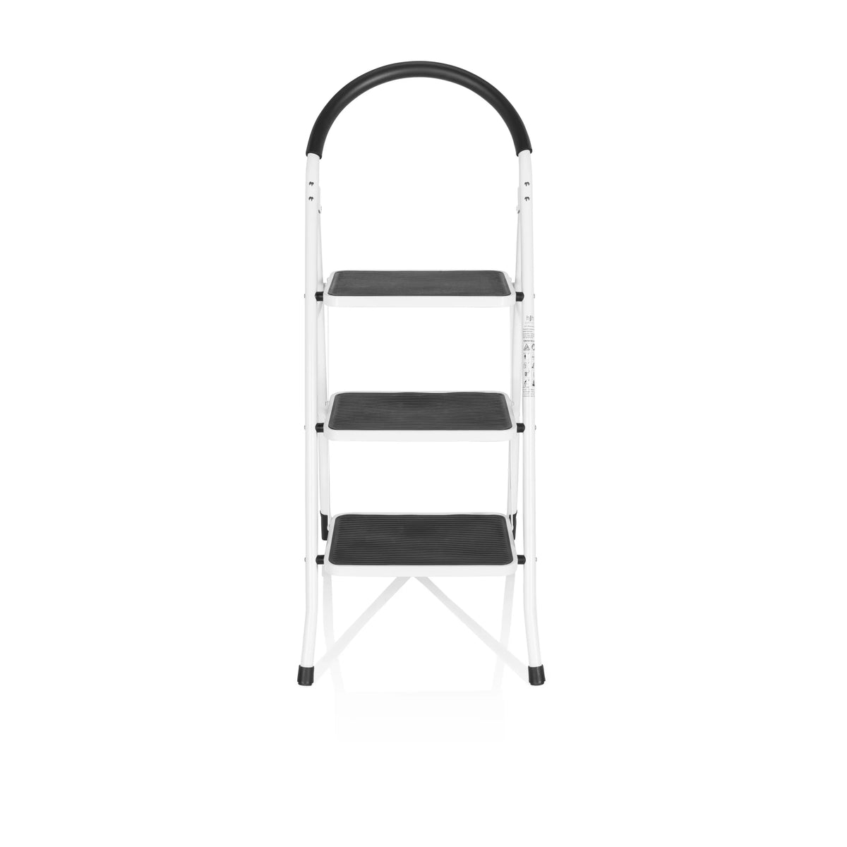 White Folding Ladder SOLID W2 with three steps and a safety handle by hjh OFFICE – 360-degree view (front view 0°)