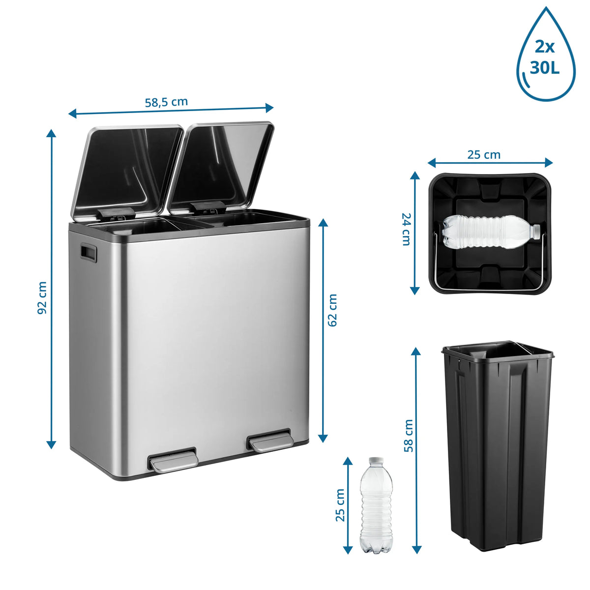 Dimensional drawing of the wastepaper Clean 13 S with a height of 92 cm and two 30-litre bins by hjh OFFICE