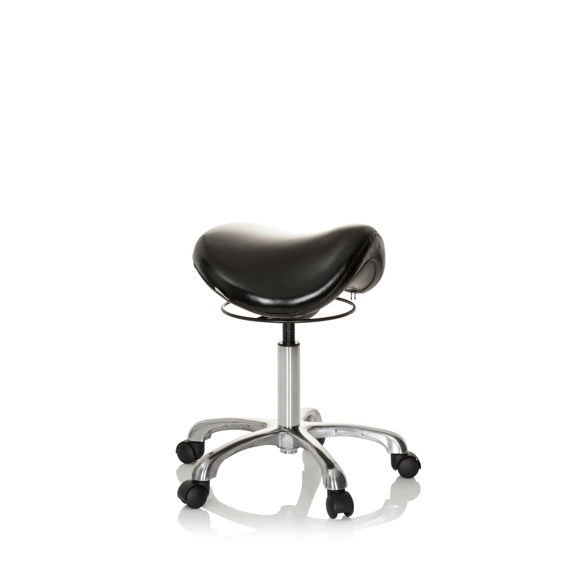 Black Saddle stool ORTHO SIT with foot cross and five castors by hjh OFFICE – 360-degree view (front three-quarter view 60°)