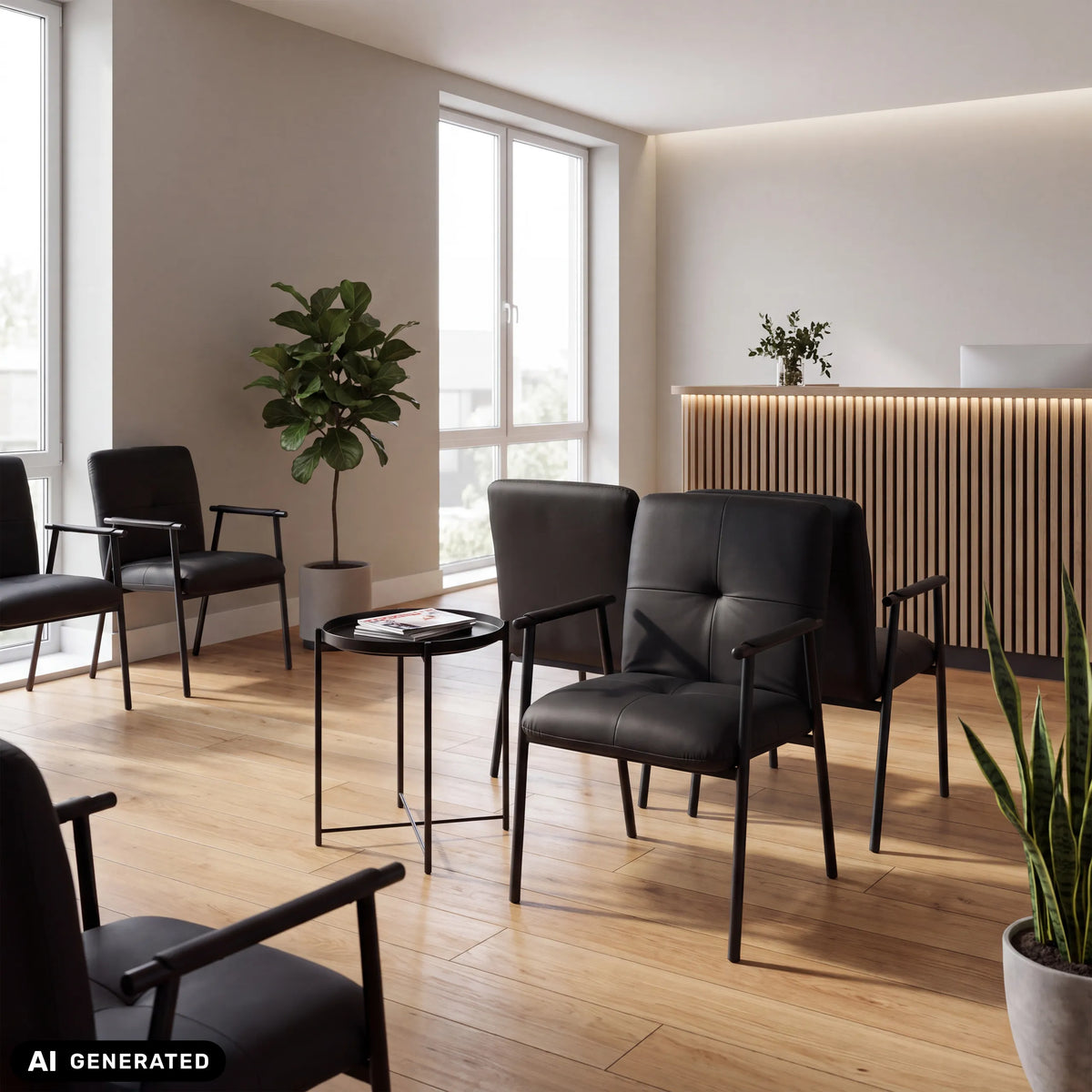 Black Lifea Flex upholstered chairs made of faux leather with armrests in a waiting area by hjh LIVING (AI-generated image)