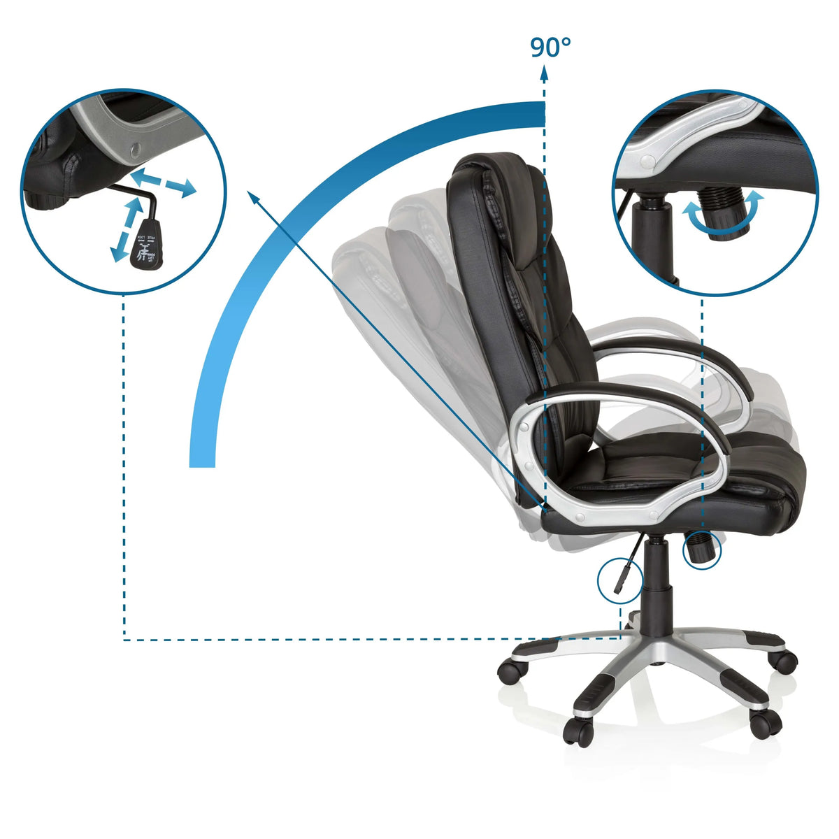 Adjustment mechanisms and tilt function up to 90 degrees of the RELAX BY155 Home Office Executive Chair by MyBuero
