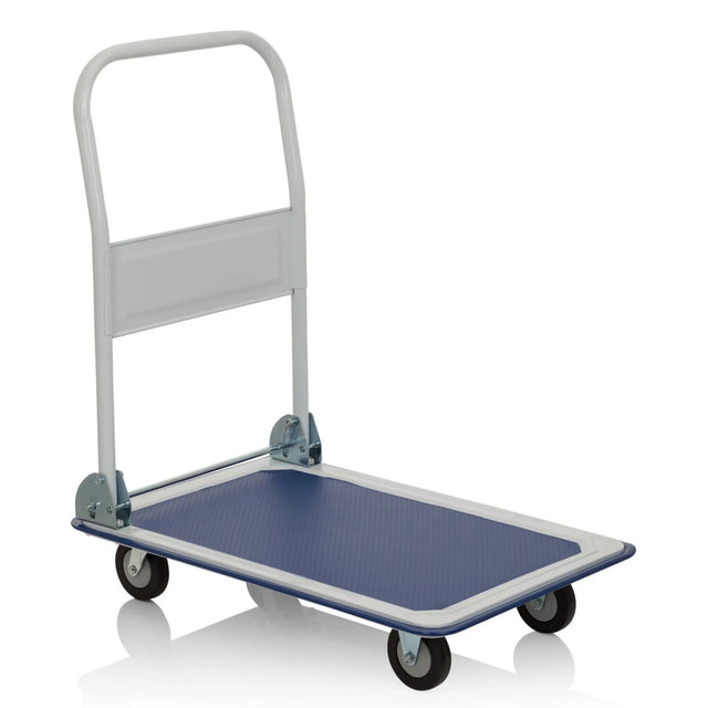 Blue and white Platform trolley CARRY with foldable handle and four swivel castors by hjh OFFICE