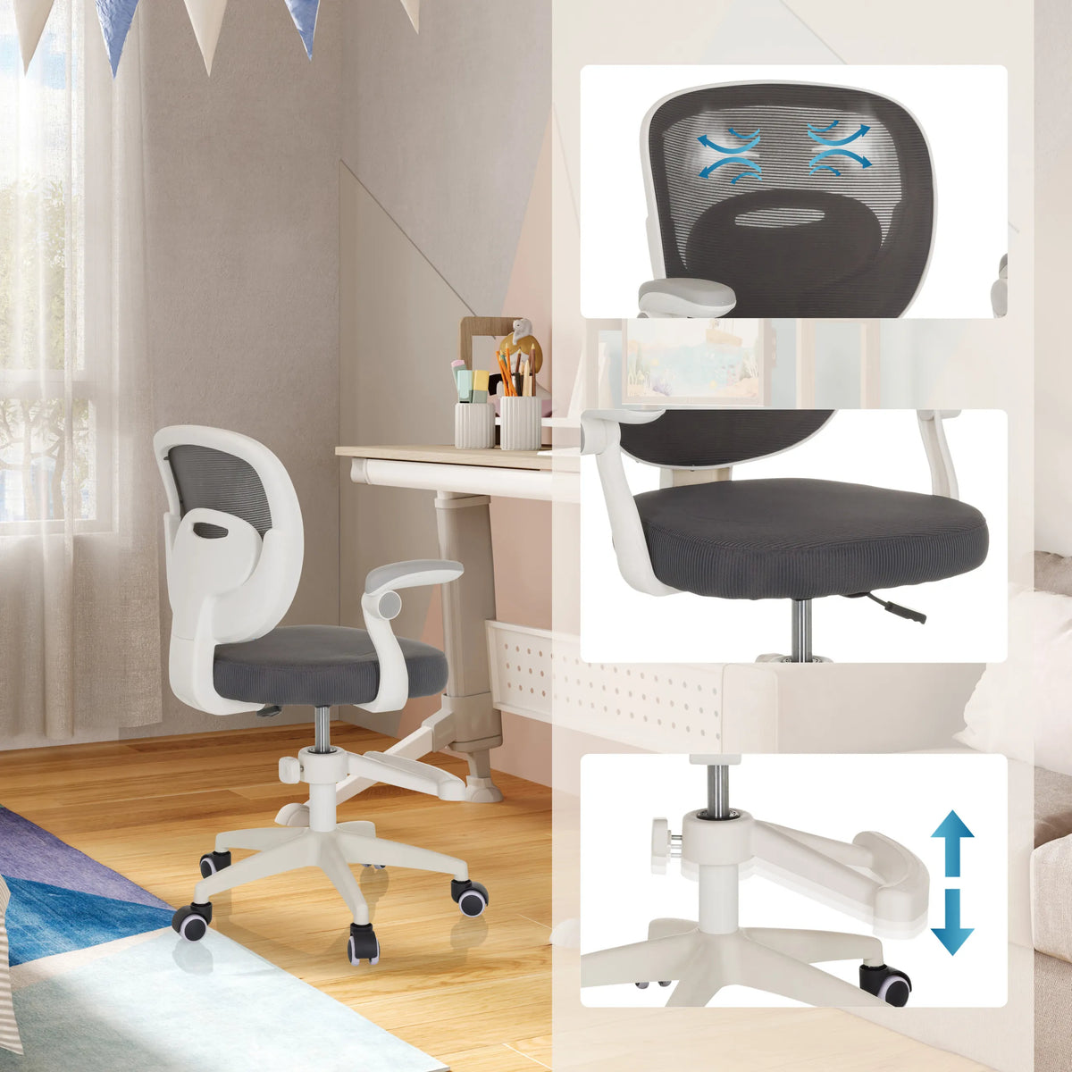 Kinderdrehstuhl KIDDY SMART in Grau mit atmungsaktiver Rückenlehne und höhenverstellbarer Sitzfläche von hjh OFFICE